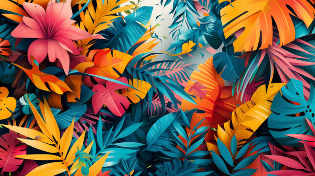 Layers of bold abstract forms in an array of tropical colors create a dynamic and energetic scene that captures the essence of a lively bustling jungle.