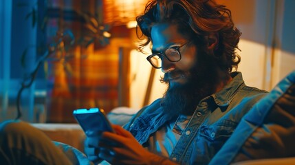 Glad fashionable young bearded guy wears stylish clothes and denim shirt has trendy hairstyle happy to exchange messages with friends uses free internet connection on electronic modern : Generative AI