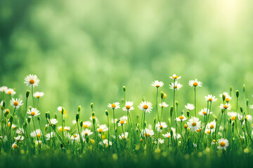 Bellis perennis flowers in the field, green blur background