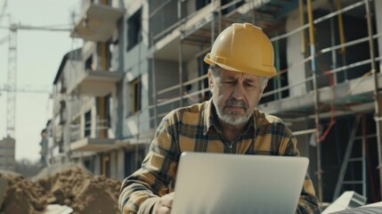 Engineer or architect working on laptop in the construction site