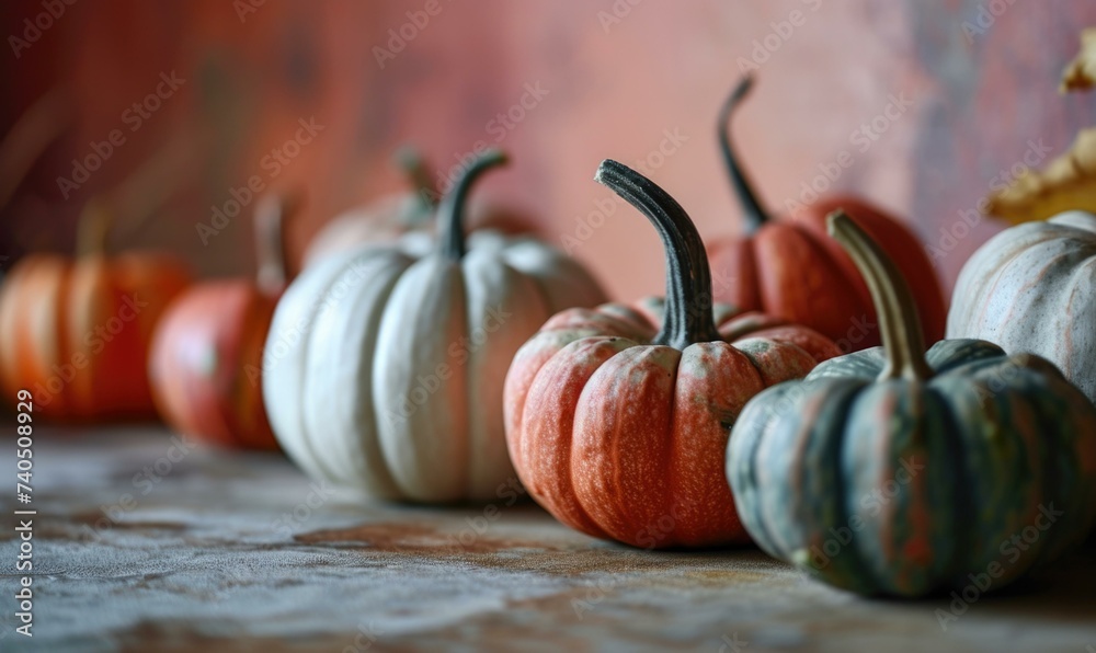 Wall mural A row of pumpkins are lined up on a table. Generative AI.