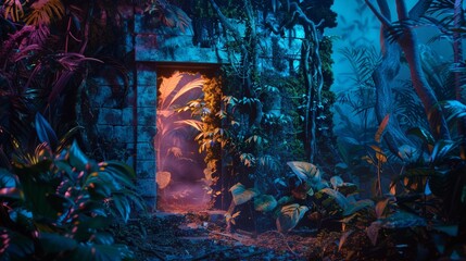 Colorful night jungle background, ancient ruins covered in moss and vines peek through the thick vegetation, illuminated by the soft glow of the jungle's natural lights