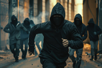 Thief man in black hoodie and mask robbing a bank with the gang running away - obrazy, fototapety, plakaty