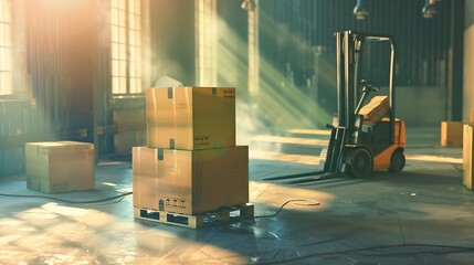 Courier boxes. Pallet jack. Flying parcels in warehouse. Fulfillment business. Spacious hangar with pallet jack. Empty industrial building. Pallet jack under take-off boxes. 3d image : Generative AI