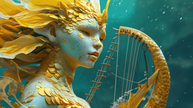 Cartoon digital avatars of Undersea Merfolk Nonbinary, with yellow and gold scales, intricate facial markings, and a tridentharp combo instrument