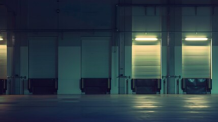 Row of loading docks with shutter doors at a warehouse : Generative AI