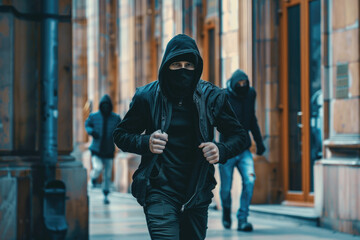 Thief man in black hoodie and mask robbing a bank with the gang running away