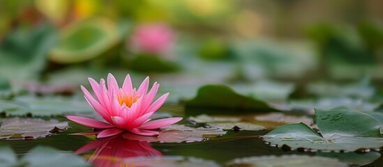 Serene Pink Lotus Flower Floating on Glistening Pond Reflecting Tranquility and Beauty of Nature