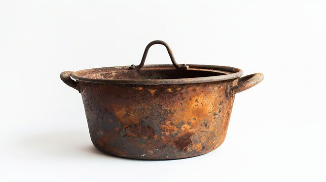 Old rusty cast-iron saucepan on a white background. Antique Iron Casserole : Generative AI