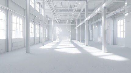 Clean White empty warehouse 3D rendering : Generative AI