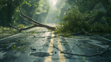Serene Aftermath of a Storm with Sunlight Filtering Through the Trees on a Wet Road