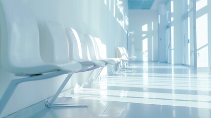 Empty modern hospital corridor, clinic hallway interior background with white chairs for patients waiting for doctor visit. Contemporary waiting room in medical office. Healthcare serv : Generative AI