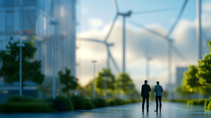 Blurred Figures of Businessmen Discussing Near Wind Turbines at Dusk - obrazy, fototapety, plakaty