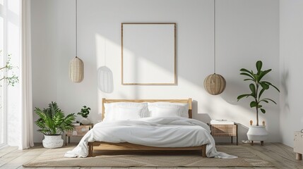 Modern bedroom interior with blank wall for copy space, Scandinavian-inspired decor featuring light wood furniture and soft pastel hues
