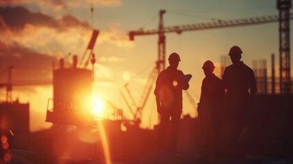 Silhouette of engineers in construction site, sunset in background