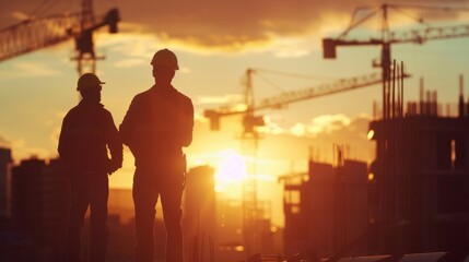 Fototapeta na wymiar Silhouette of engineers in construction site, sunset in background