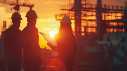Foto op Plexiglas Silhouette of engineers in construction site, sunset in background © Elvin