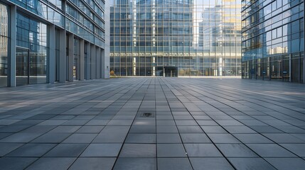 Empty ground in front of modern glass wall facade buildings . : Generative AI