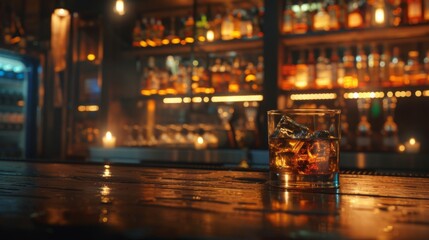 A glass of whiskey on the background of a bar. Yellow liquid in a glass glass. - obrazy, fototapety, plakaty