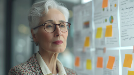 Senior Businesswoman Brainstorming with Post-it Notes in Modern Office