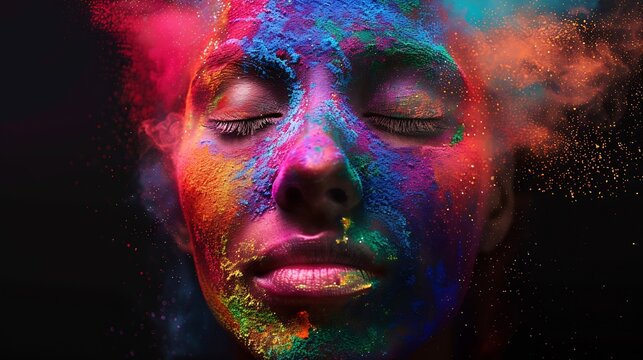 Fashion model girl portrait with colorful powder make up Beauty woman with bright color makeup Closeup of Vogue style lady face Abstract colourful makeup Art design Black background : Generative AI