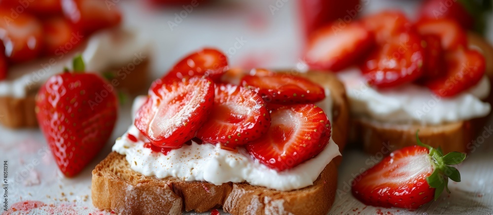 Sticker A close up of a sandwich with strawberries and whipped cream on a table, a delicious and refreshing treat made with staple foods and fresh fruit