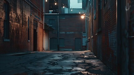 Down an industrial street behind a vintage multiple story red brick blue collar warehouse with lights in a depressed urban area of St. Louis Missouri : Generative AI