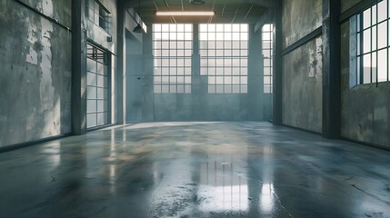 Industrial building warehouse interior with polished concrete floor and style transparent glass...