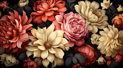 Seamless Pattern. Flowers. Black Background