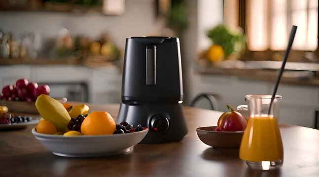 A blender, an array of fresh fruit artfully arranged on a plate, and a selection of refreshing juices are prominently displayed on a dining table, setting the scene for a healthy lifestyle