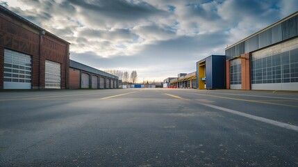 an empty street in front of some buildings with a sky background in an industrial area : Generative AI