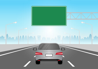 Car Driving on Asphalt Highway Road. Vector Illustration. 