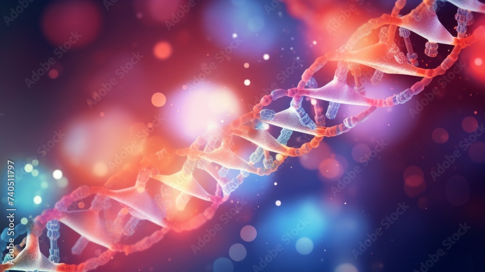 Poster abstract close-up photo of a dna spiral with molecules and atoms, neurons under a microscope. geneti