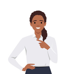 Young beautiful brunette businesswoman smiling pointing finger in side. Flat vector illustration isolated on white background