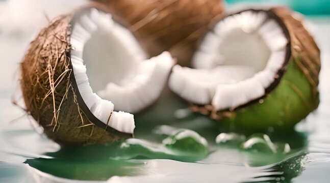 Freshly opened coconuts displayed on a surface, with a focus shift from focus to blurred