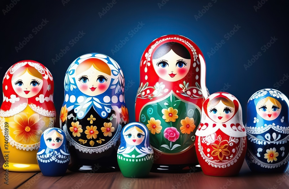 Wall mural a pile of traditional russian nesting dolls in blue grey background