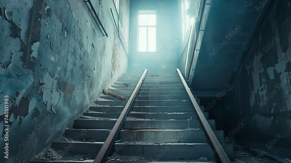 Aufkleber Old staircase in an abandoned factory and tracks : Generative AI
