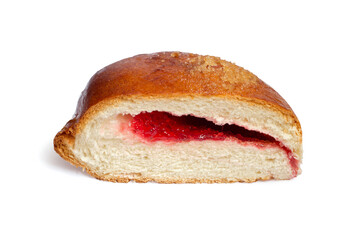 Half a sweet bun filled with jam. A bun on a white background.
