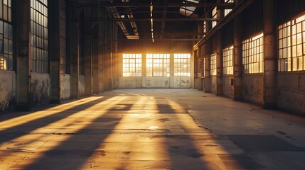 Industrial interior with br light from the windows : Generative AI - obrazy, fototapety, plakaty