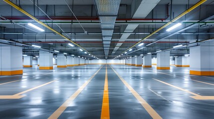 Empty underground parking lot in modern building. : Generative AI - obrazy, fototapety, plakaty