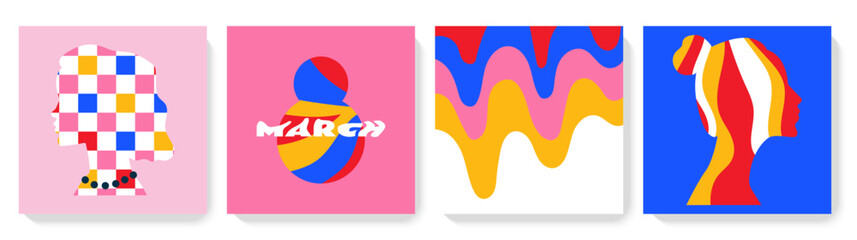 Set of groovy 8 March greeting cards set. Women's Day backgrounds in trendy retro 70s style. Vector trippy templates for social media post, banner design