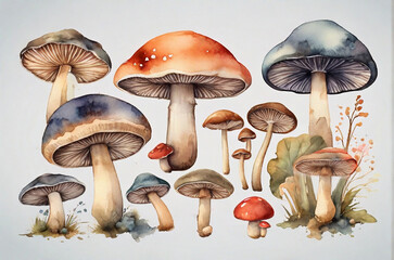 Botanical autumn forest mushroom watercolor set. Hand painted. AI generated