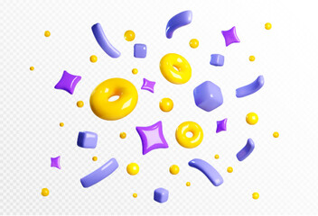 Party firecracker confetti 3d vector icon. Birthday or carnival firework or popper paper serpentine, star and elements for congratulation design. Winner and holiday celebration cracker flying shapes.