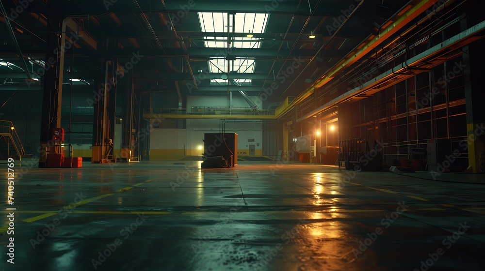 Poster an interior of a large illuminated empty industrial space : generative ai