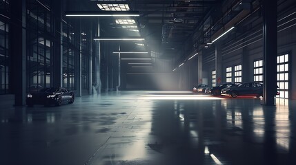 Warehouse empty dark car showroom 3D rendering : Generative AI - obrazy, fototapety, plakaty