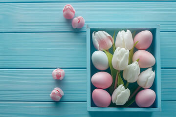 Obraz premium top view wooden box full of Easter eggs and tulips in pastel colors on wood background. free space