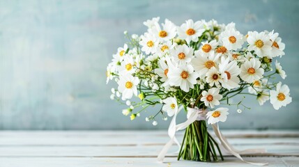 Fototapeta na wymiar Beautiful White Cosmos Flowers Tied With a Ribbon