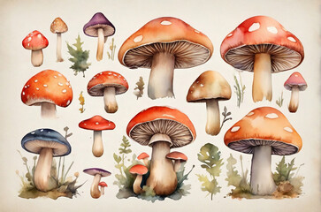 Botanical autumn forest mushroom watercolor set. Hand painted. AI generated