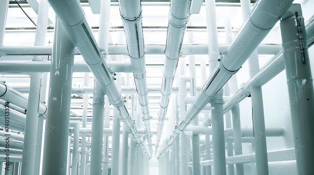 Poster tangled web of metal pipes and beams indoors for industrial area with white poles and background wal