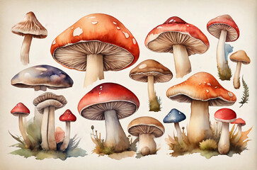 Botanical autumn forest mushroom watercolor set. Hand painted. AI generated